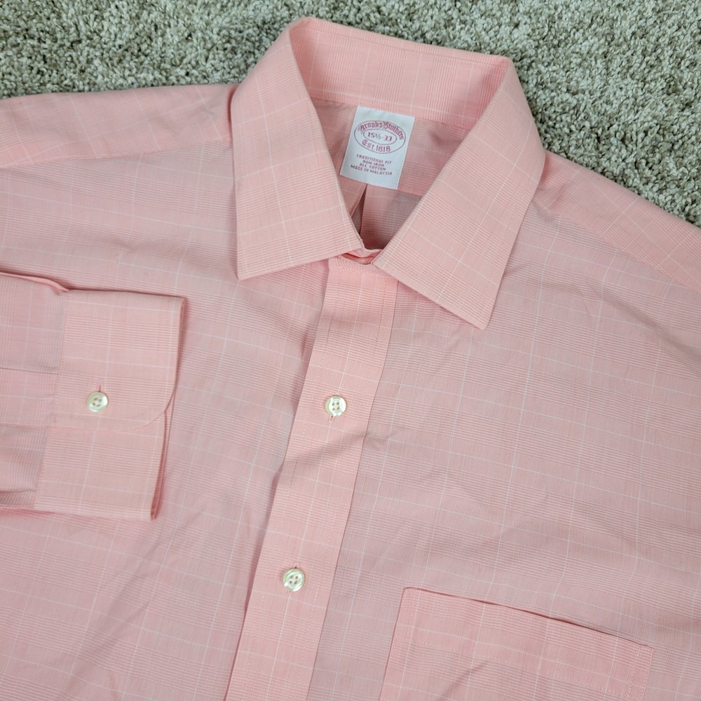 Brooks Brothers Mens 15.5-33 Pink Plaid Button Up Long Sleeve